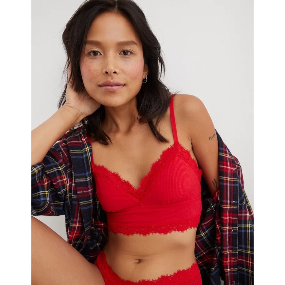 AERIE Ribbed Eyelash‎ Red Lace Trim Longline Bralette Size Large NWT MRSP$34